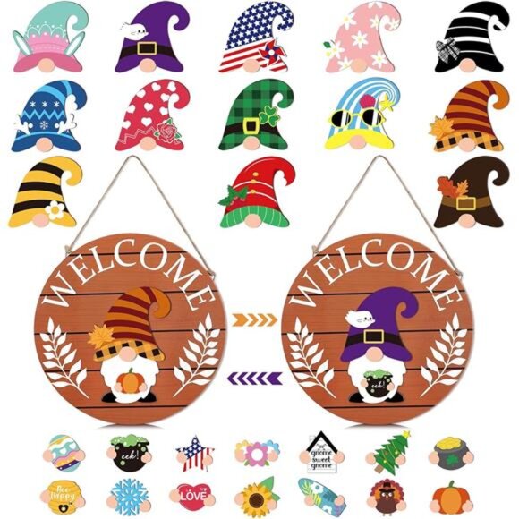 Interchangeable Welcome Sign, 12in DIY Wooden Wall Hanging Sign - Picture 1 of 7